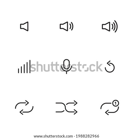 Audio set of icons. Minimalist music control icons. Songs and Music Control UI icons. Shuffle, Repeat Track, Volume and Speaker vector set.  International audio ui set icons.