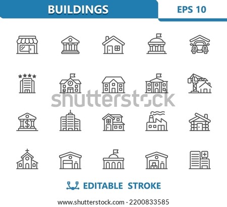 Buildings Icons. Real Estate, Building, House, Store, School, Garage, Hotel, Church, Cabin, Hospital, Factory. Professional, 32x32 pixel perfect vector icon. Editable Stroke