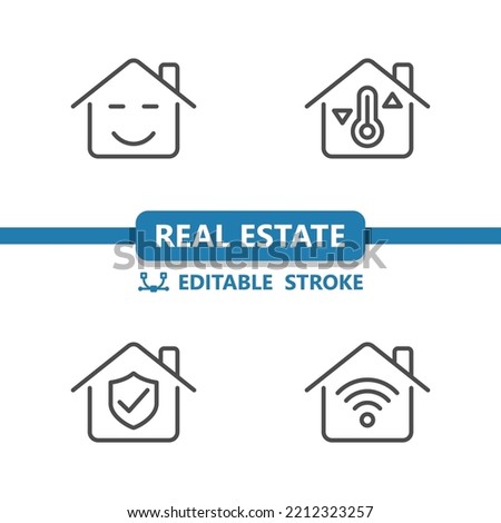Real Estate Icons. House, Houses, Building, Smile, Temperature, Insurance, WiFi Icon. Professional, 32x32 pixel perfect vector icon. Editable Stroke