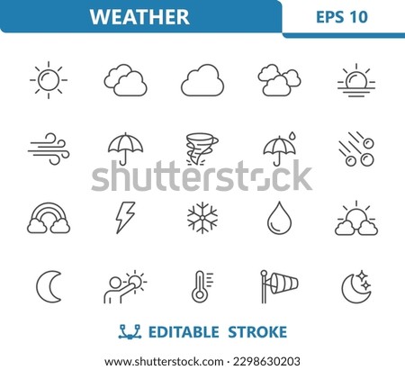 Weather Icons - Sun, Moon, Rain, Raining, Forecast, Snowflake, Snowing, Cloud. Professional, pixel perfect vector icon set.