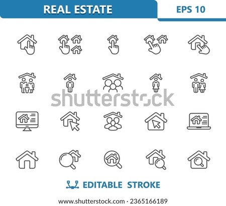 Real Estate Icons. House, Home, Magnifier, Magnifying Glass, Computer, Family, Household. Professional, 32x32 pixel perfect vector icon. Editable Stroke