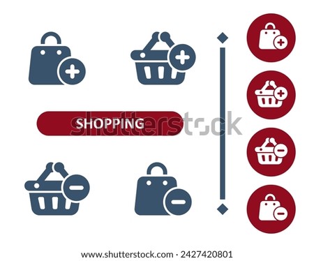 Shopping icons. Shopping bag, bag, gift bag, button, add, plus, minus, subtract, shopping basket icon. Professional, 32x32 pixel perfect vector icon.
