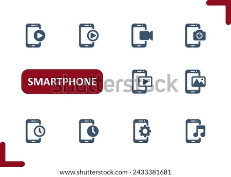 Smartphone Icons. Mobile Phone, Telephone, Video, Camera, Photo, Picture, Media Icon. Professional, pixel perfect vector icon set.
