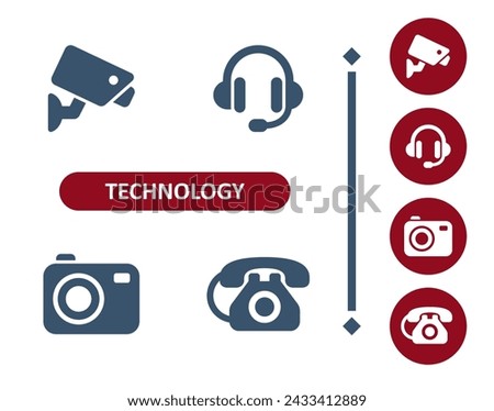 Technology icons. Device, CCTV, headphones, headset, camera, phone, telephone icon. Professional, 32x32 pixel perfect vector icon.