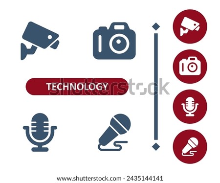 Technology icons. Device, CCTV, security camera, DSLR camera, microphone, podcast icon. Professional, 32x32 pixel perfect vector icon.