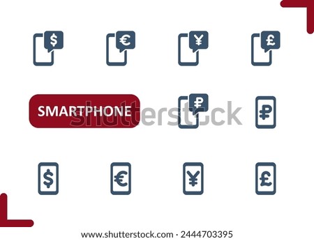 Smartphone Icons. Mobile Phone, Telephone, Money, Online Banking, Dollar, Euro, Yen, Pound, Ruble Icon. Professional, pixel perfect vector icon set.