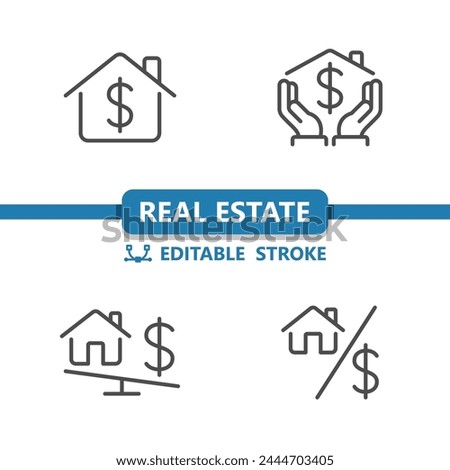 Real Estate Icons. Price, Dollar, House, Home Icon. Professional, 32x32 pixel perfect vector icon. Editable Stroke