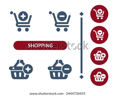Shopping icons. Shopping basket, shopping cart, basket, cart, button, add, plus, minus icon. Professional, 32x32 pixel perfect vector icon.