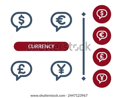 Currency icons. Dollar, euro, pound, pound sterling, yen, yuan, chat bubble, speech bubbles, comment icon. Professional, 32x32 pixel perfect vector icon.