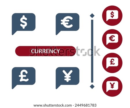 Currency icons. Dollar, euro, pound, pound sterling, yen, yuan, chat bubble, speech bubbles, comment icon. Professional, 32x32 pixel perfect vector icon.