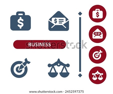 Business icons. Investment, investing, suitcase, briefcase, dollar, form, contract, dart, target, scales icon. Professional, 32x32 pixel perfect vector icon.