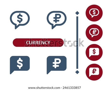 Currency icons. Dollar, ruble, rouble, chat bubble, speech bubbles, comment icon. Professional, 32x32 pixel perfect vector icon.