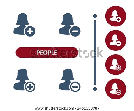 People Icons. Woman, User, Avatar, Button, Add, Plus, Minus, Subtract Icon. Professional, 32x32 pixel perfect vector icon.