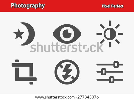 Photography Icons. Professional, pixel perfect icons optimized for both large and small resolutions. EPS 8 format. Designed at 32 x 32 pixels.