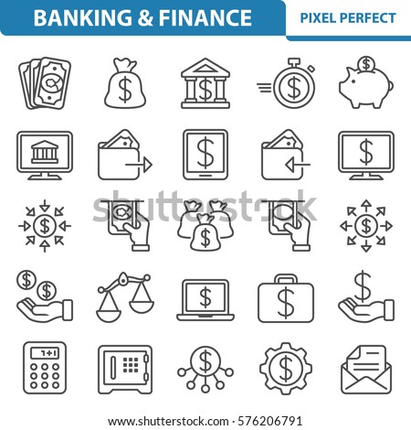 Banking & Finance Icons. Professional, pixel perfect icons optimized for both large and small resolutions. EPS 8 format. 2x size for preview.
