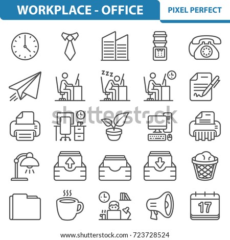 Workplace and Office Icons. Professional, pixel perfect icons optimized for both large and small resolutions. EPS 8 format. 2x size for preview.