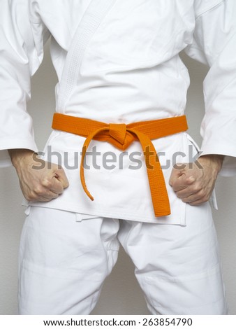 standing fighter orange belt martial arts white suit
