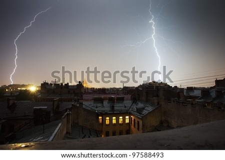 Lightning strike over St. Petersburg, Russia skyline.