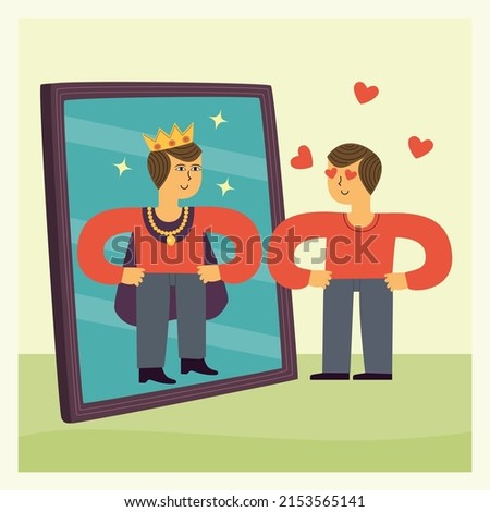 Man with Narcissistic personality disorder (NPD) looking at the mirror, his grandiose sense of self-importance make him think that he is a king