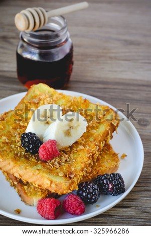 Crunchy French Toasted with Berry and Coffee, Healthy Breakfast with Fruits, Berry Breakfast with Coffee