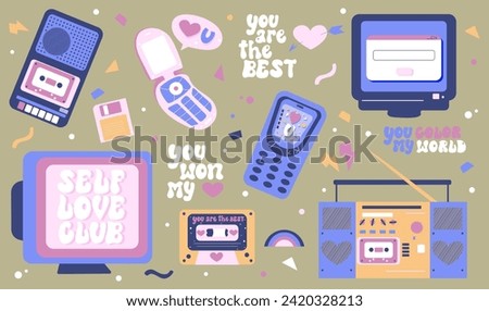 Hand drawn set of retro devices in love and self love concept. Vectro y2k computer, cassette, phone, record player.