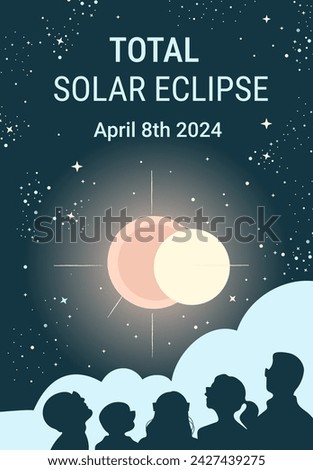 People in glasses watching solar eclipse on starry sky. Hand drawn vector banner or flyer design. 