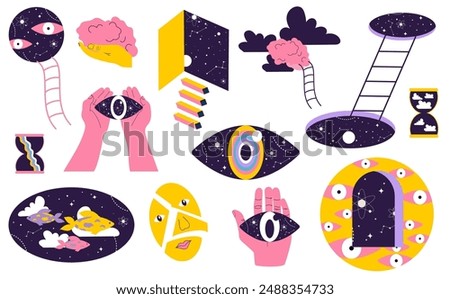 Hand drawn surrealism elements. Floating eyes, fish in the sky, stairs to nowhere, floating face, brain in space, eye in hand. Abstract vector illustration in trendy psychedelic style.