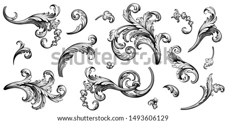Vintage Baroque Victorian frame border floral ornament leaf scroll engraved retro flower pattern decorative design tattoo black and white Japanese filigree calligraphic vector heraldic swirl Foto d'archivio © 