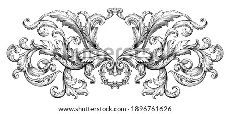 Vintage Baroque floral frame border Victorian flower ornament scroll engraved heraldic shield retro pattern decorative design tattoo black and white filigree calligraphic vector swirl leaf monogram