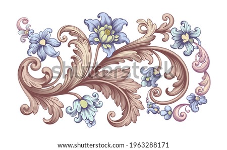 Flower vintage scroll Baroque Victorian frame border rose peony blue golden floral ornament leaf engraved retro pattern decorative design tattoo filigree calligraphic vector
