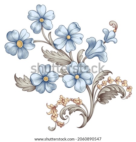Vintage spring flower summer blue scroll Baroque Victorian frame border floral ornament leaf engraved retro pattern decorative design forget menot filigree calligraphic vector 商業照片 © 
