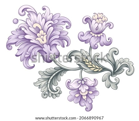 Baroque vintage floral ornament of rose peony carnation tulip flowers. Pink lilac Victorian frame border swirl. Engraved leaf scroll vector retro pattern. Filigree design of decorative tattoo