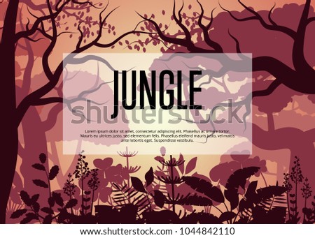 Morning tropical jungle poster. Floral landscape, wildlife concept, wood silhouettes, evening rainforest background. Night forest backdrop with trees and bush vector illustration in cartoon style