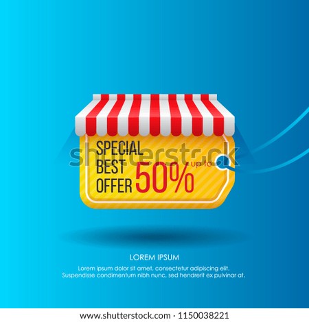 Creative modern design of advertisement with tag showing best offer of sales under striped tent on vivid blue background