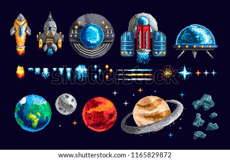 Colorful pixel design of game spacecraft with planets and moving elements on blue background 