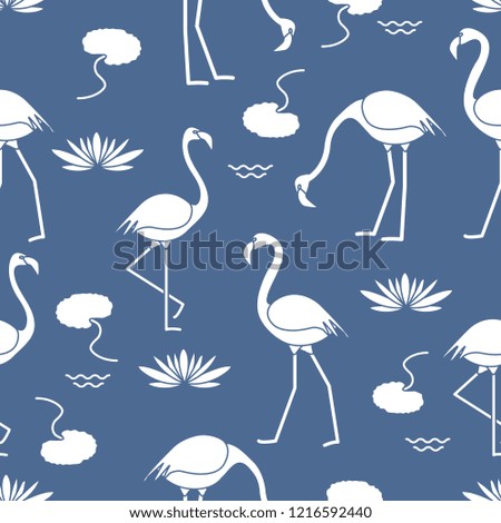 Seamless pattern with flamingo, flowers and leaves water lilies. Design for poster or print.