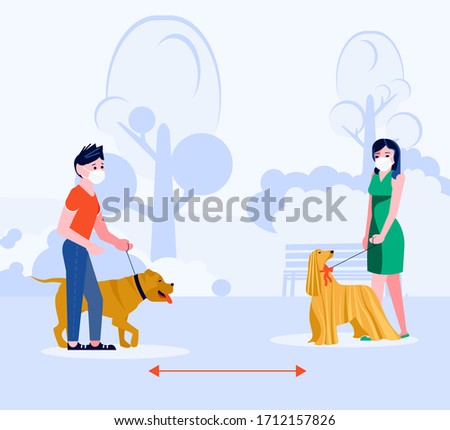 Social distancing in human society. People walking with dog keeping a distance. Concept of precautions epidemic outbreak and awareness. Flat Art Rastered Copy