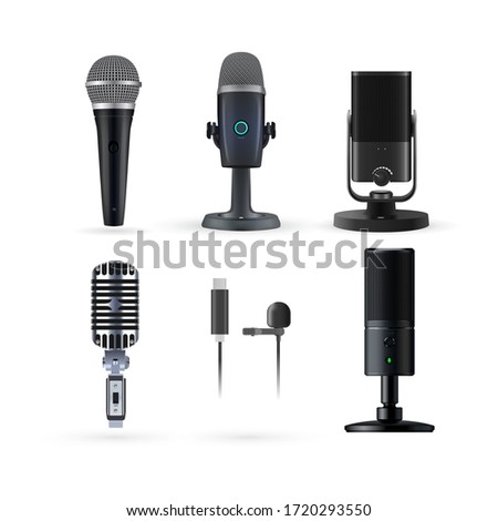 Microphone isolated. Realistic radio and music microphone vector set. Modern karaoke microphone and radio mic stand on white background. Music media entertaiment and audio professional voice equipment