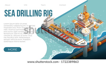 Offshore oil rig. Sea drilling rig platform for gas and petroleum fuel production. Landing page template for offshore oil and gas industry with platform tanker. Vector isometric offshore rig