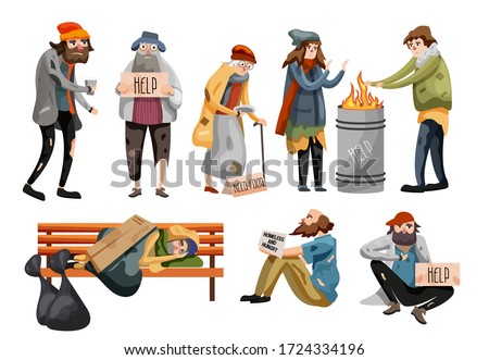 Homeless people cartoon. Unemployment people needing help and food. Homeless male and female people begging money set. Tramp sleeping on bench, hungry beggar sits on sidewalk vector illustration.