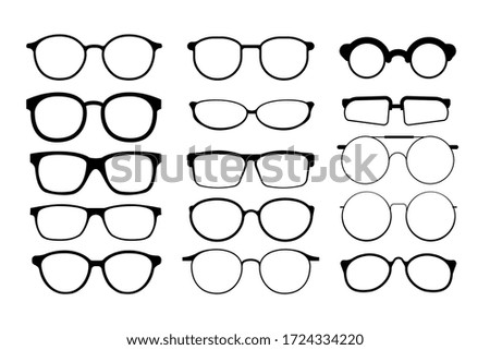 Black glasses rim. Eyeglasses and sunglasses collection vector illustration. Vintage, classic and modern style glasses rim silhouette. Stylish male and female optical accessories isolated set Stok fotoğraf © 