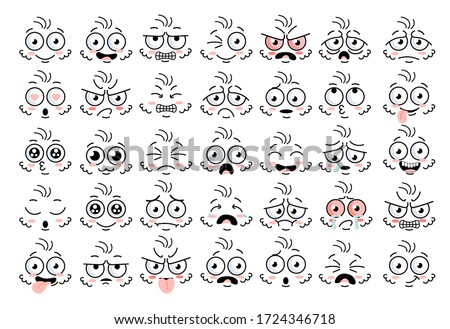 Cartoon face eye. Funny face parts with expressions emotion character. Comic doodle smile face, angry, sad, cute and smiley eye. Cartoon faces expressions set isolated on white background.