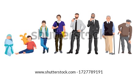 Man aging. Infant, child, teenager, young man, adult and elderly persons set isolated on white background. Characters of man in different ages vector illustration. Life cycle and generation of people