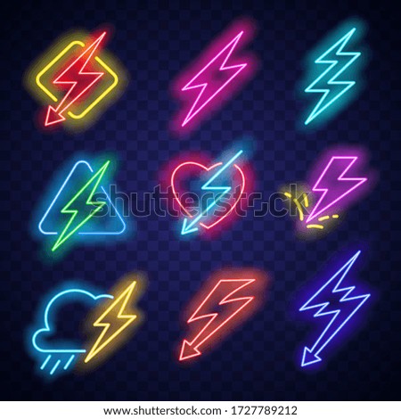 Neon lighting bolt. Vector arrow electric glow for bar or casino sign. Lighting bolt logo with electric energy neon light of blue and red color isolated set.