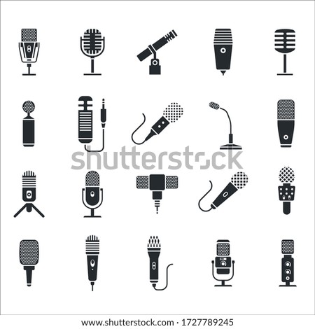 Mic icon. Radio and music microphone icon set. Modern voice mike and retro radio mic stand on white background.