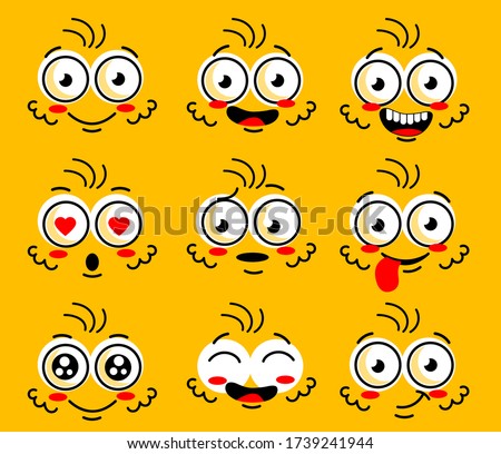 Cartoon face character. Funny face parts with expressions emotion eye. Comic doodle smile face, angry, sad, cute eye. Cartoon faces expressions set isolated on yellow background.