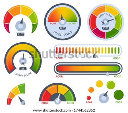 Credit score. Bad or good meter vector illustration with scale and rate credit rating report. Gauge score for bank loan concept. Business performance level check