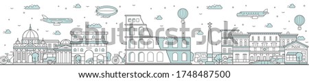 Rome skyline. Line cityscape with famous building landmarks horizontal panorama. Rome skyline with street city sights. Capital city constructions outline, architecture concept