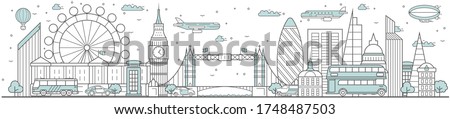London skyline. Line cityscape with building landmarks horizontal panorama. London skyline with Big Ben, Tower Bridge street city sights. Capital city constructions outline, architecture concept