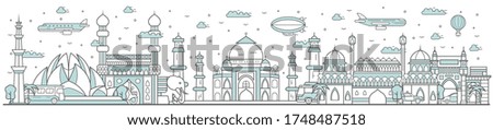 India skyline. Line cityscape with traditional building landmarks horizontal panorama. India skyline with Taj Mahal, Lotus Temple street city sights. City constructions outline, architecture concept